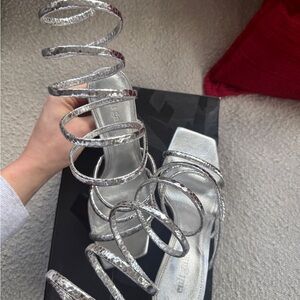 Cult Gaia Spiral Wrap Heel Sandals Silver Size 38 Sculptural Designer Heels